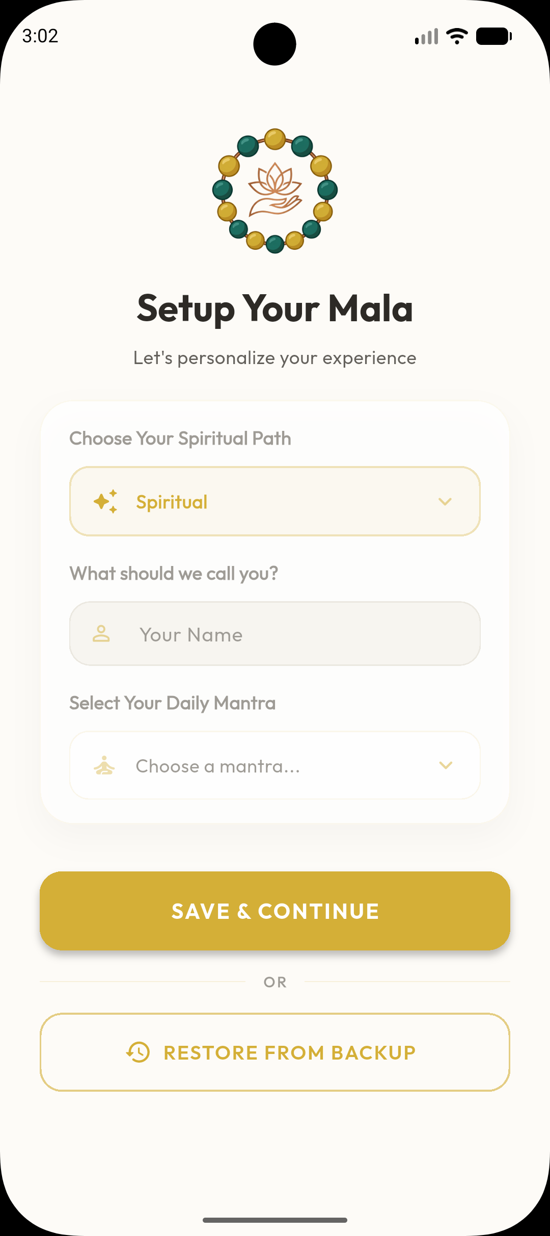 Personalized Setup — Digital Mala app screenshot