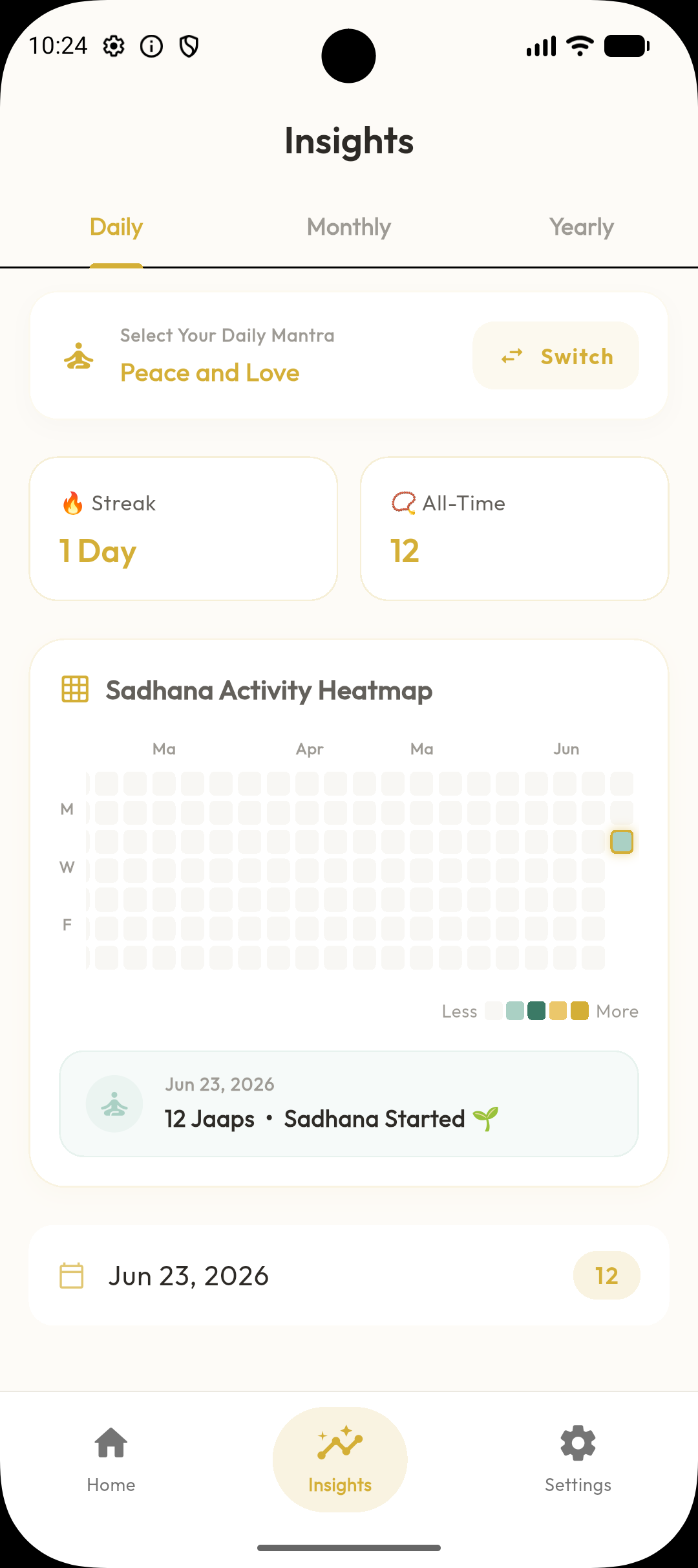 Sadhana Heatmap — Digital Mala app screenshot